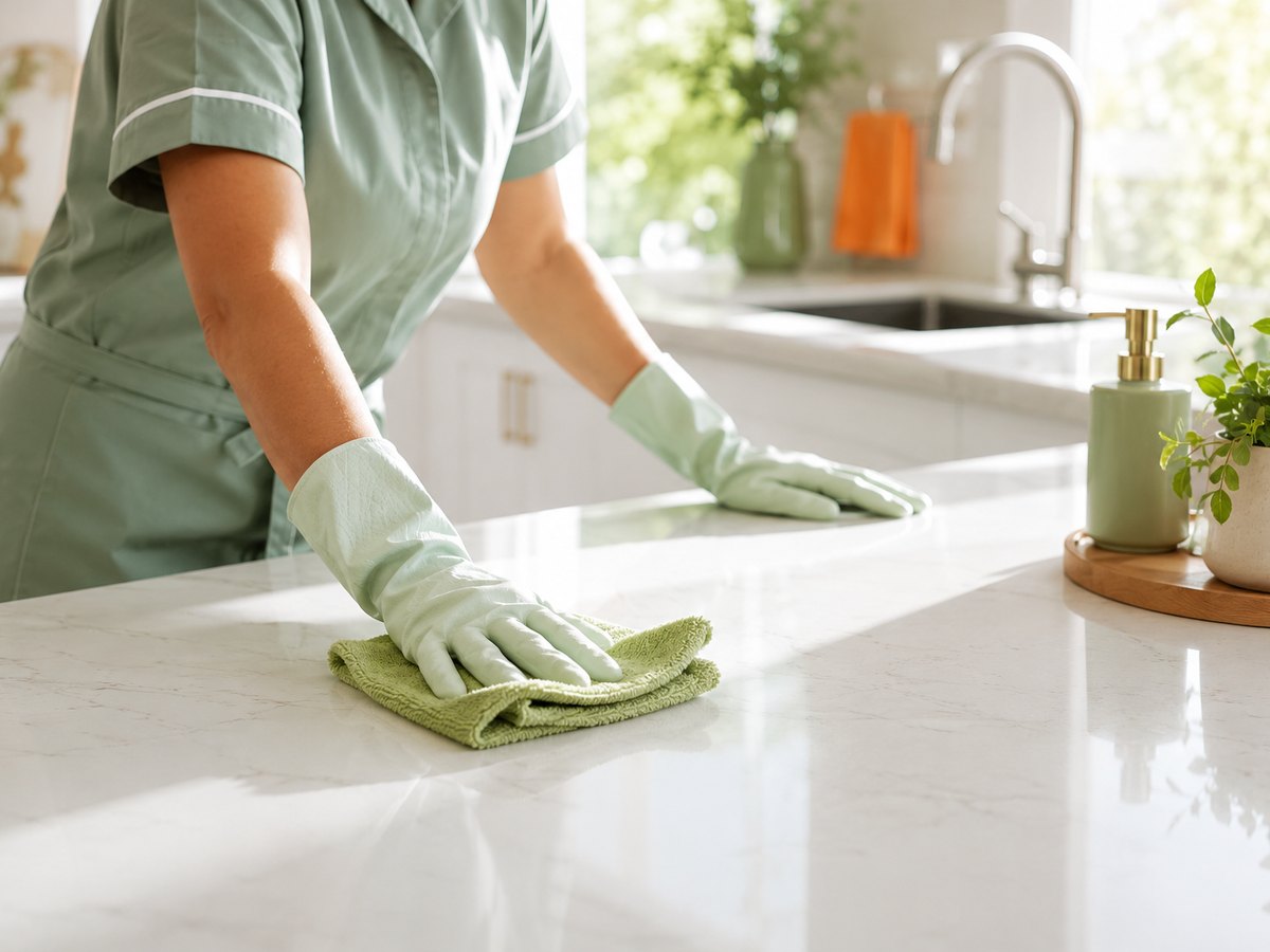 Green-gloved hands wiping a white counter spotless with a microfiber cloth