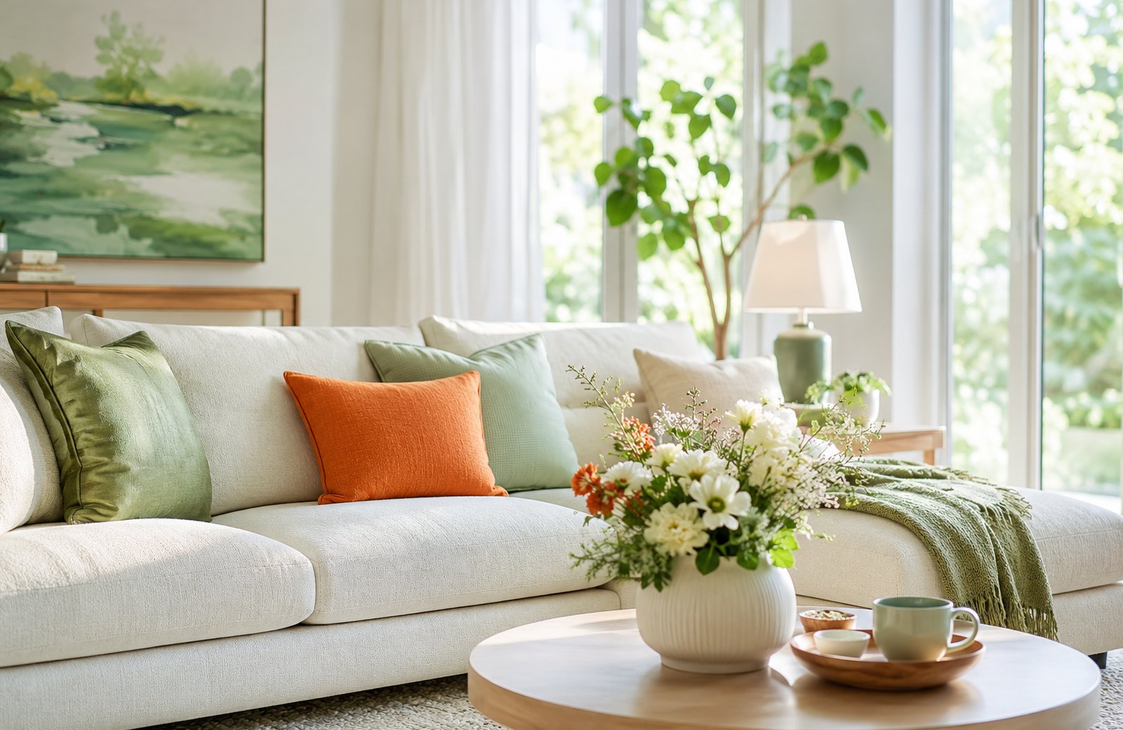 A bright, freshly cleaned Temecula living room with a cream sofa, plants, and sunlight